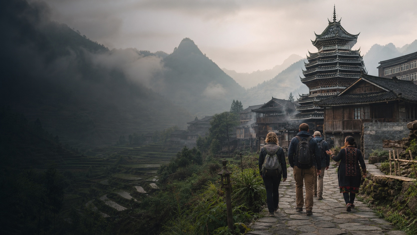Travelers walking with a local guide through a misty wooden mountain village in southwest China