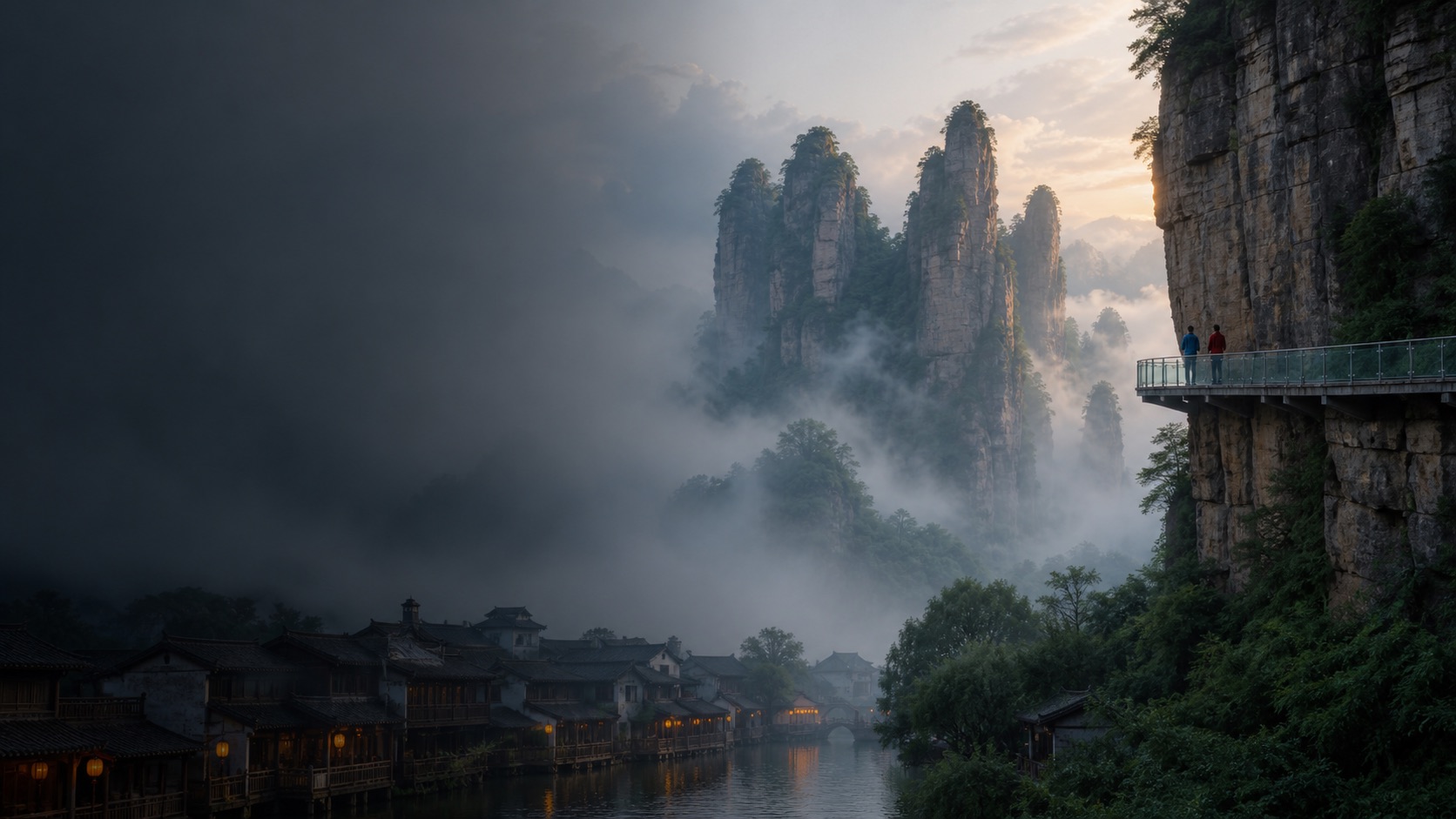 Mist-filled Zhangjiajie sandstone peaks above a traditional Chinese water town