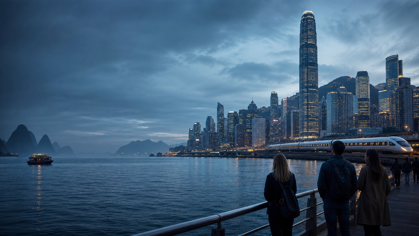 Travelers beside a harbor with modern Chinese skyline, high-speed train and distant karst peaks