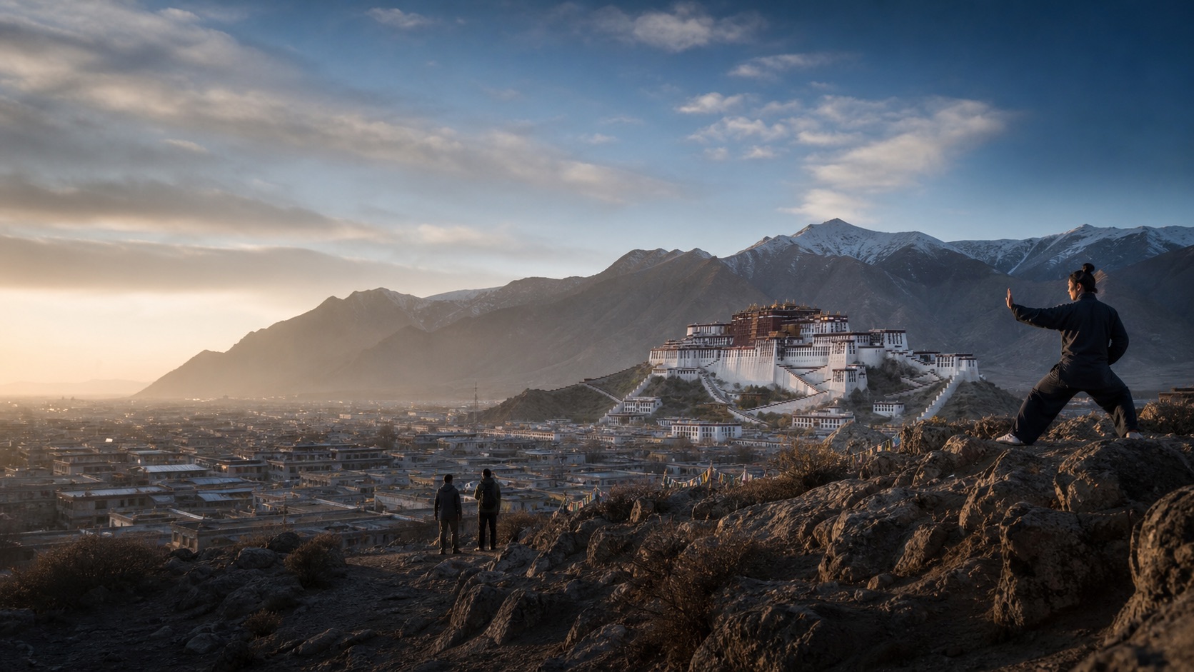 Travelers and a martial arts practitioner overlooking Lhasa and the Tibetan mountains