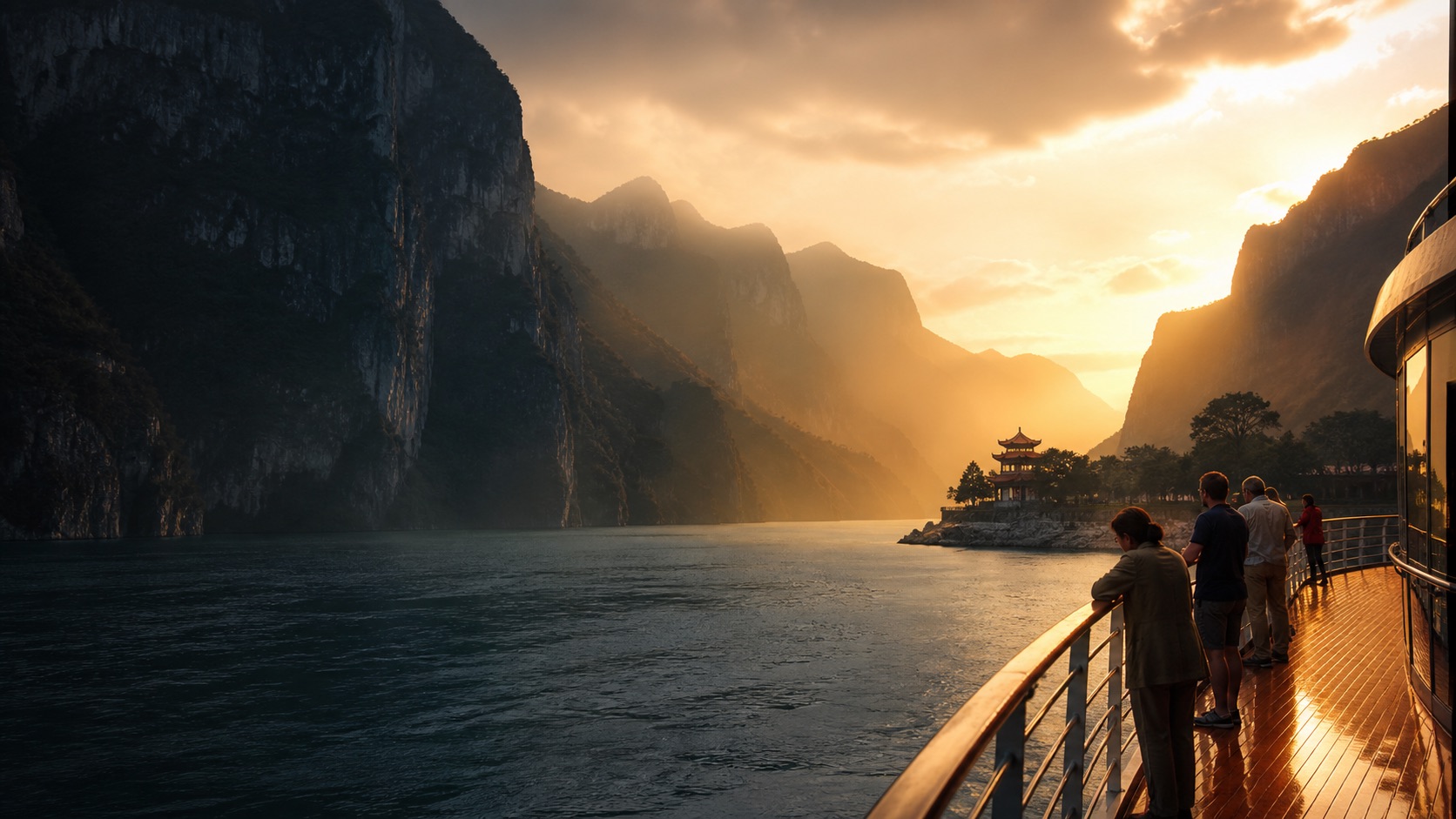 Travelers on a river cruise deck sailing through the Yangtze Three Gorges at sunset